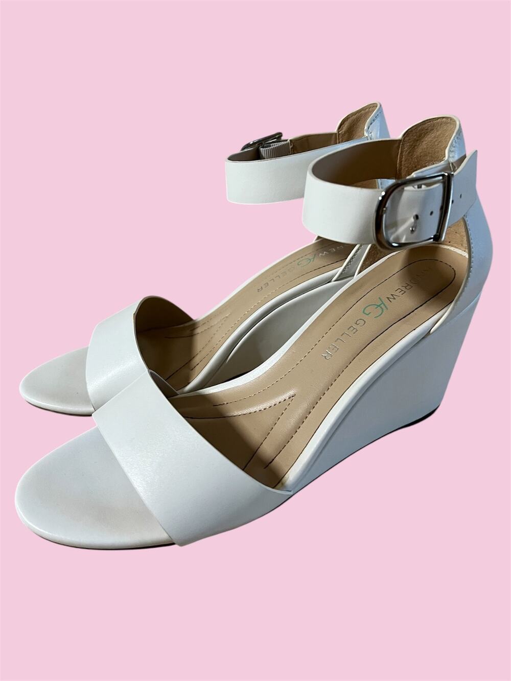 Andrew Geller Women S 10M White Beth Ankle Strap Wedge Sandals Open Toe Heels